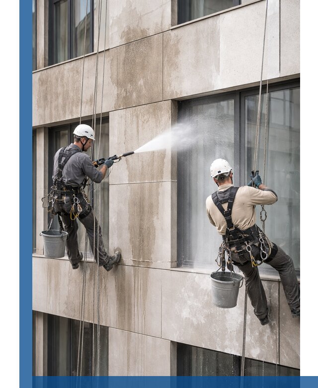 Послестроительная мойка фасада промышленным альпинизмом в Ленинске-Кузнецком