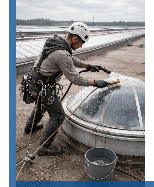 Мойка зенитных фонарей на кровле для промышленных объектов в Ленинске-Кузнецком