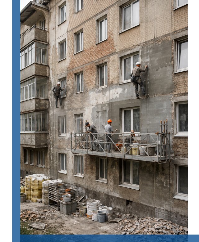 Капитальный ремонт фасада в Ленинске-Кузнецком с восстановлением и гидроизоляцией