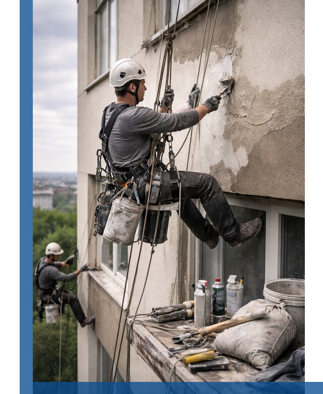 Косметический ремонт фасада зданий в Ленинске-Кузнецком промышленными альпинистами