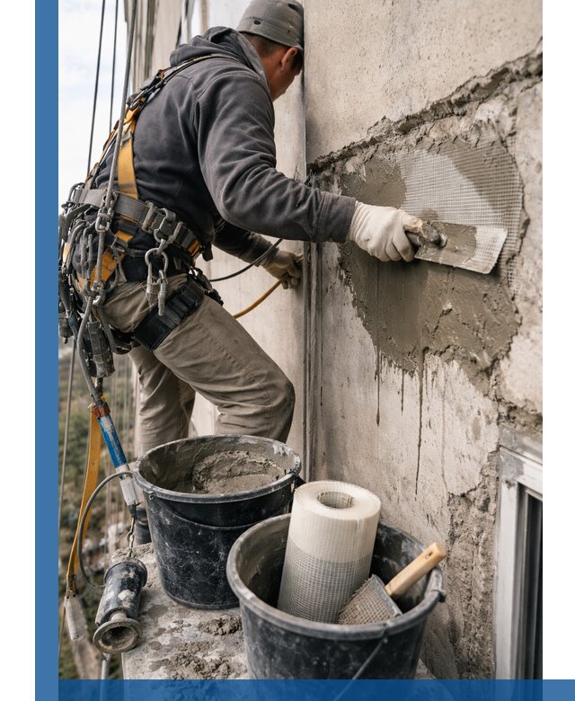 Ремонт бетонных элементов фасада промышленными альпинистами в Ленинске-Кузнецком