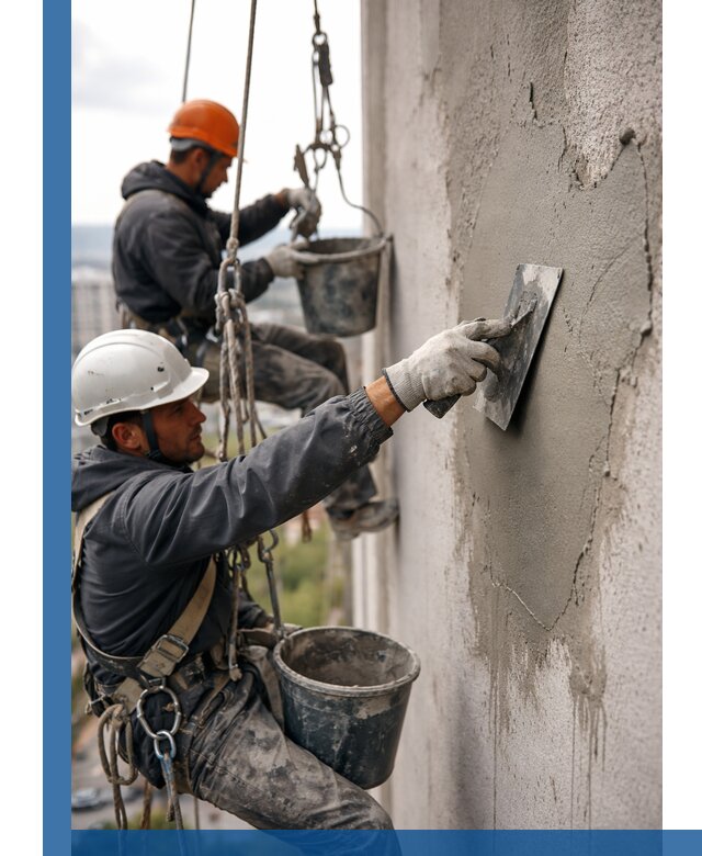 Штукатурка фасада на высоте в Ленинске-Кузнецком профессиональные работы