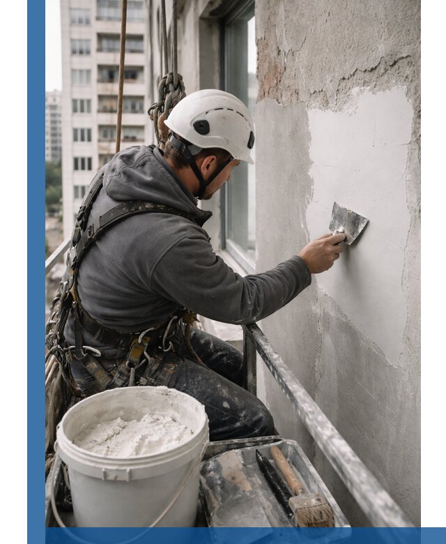 Шпаклевка фасадов на высоте с промальпинистами в Ленинске-Кузнецком