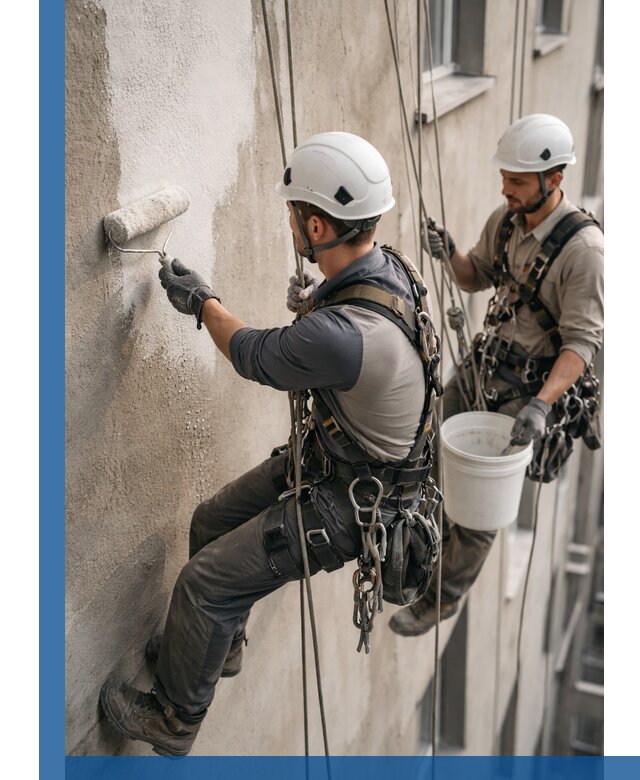 Грунтовка фасада на высоте в Ленинске-Кузнецком промышленными альпинистами