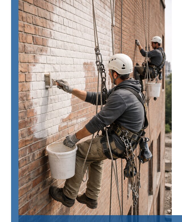 Покраска кирпичного фасада с доступным альпинистским сервисом в Ленинске-Кузнецком
