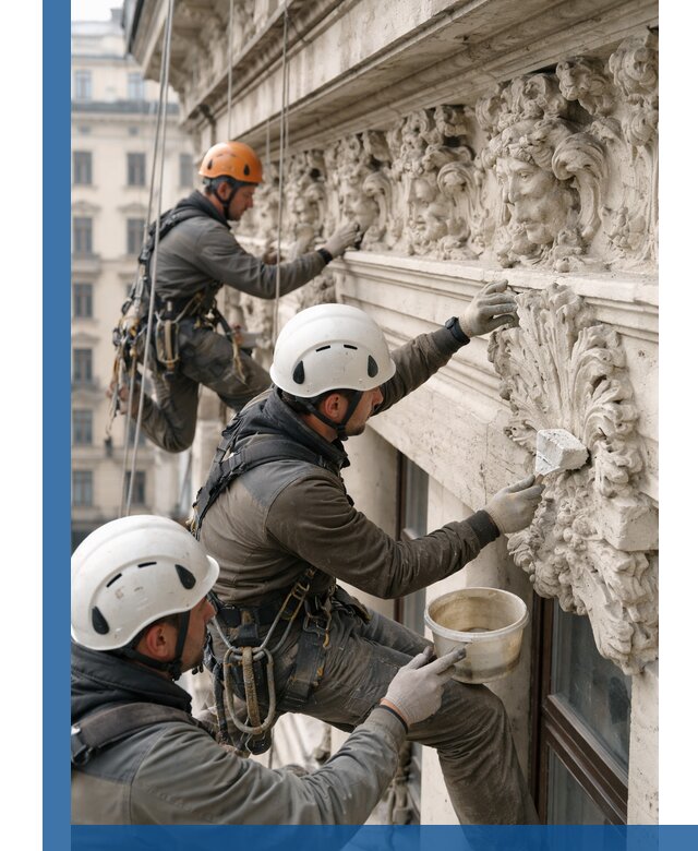 Реставрация фасадной лепнины с высотными работами в Ленинске-Кузнецком