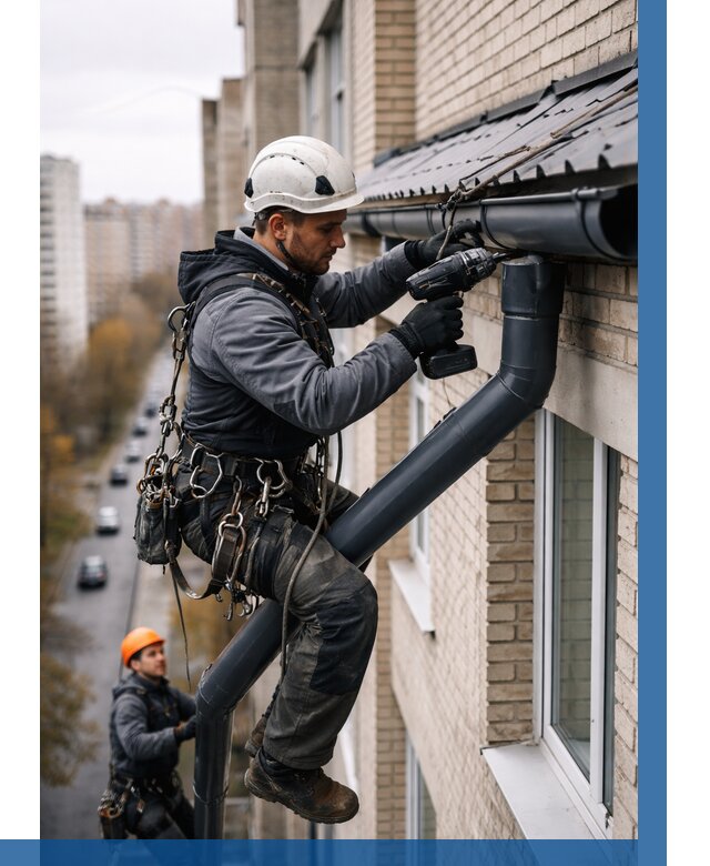 Монтаж водосточной системы на здании в Ленинске-Кузнецком от 5111 р. | ВЫСОТНИК-Лнн