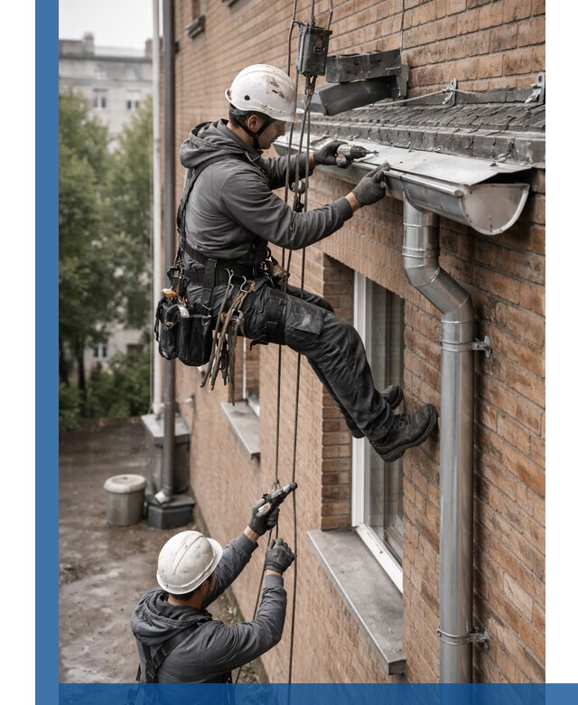 Монтаж водосточной системы на здании в Ленинске-Кузнецком под ключ