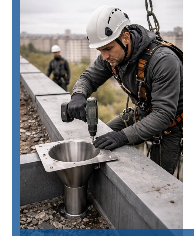 Монтаж водосточных воронок в Ленинске-Кузнецком для промышленных зданий