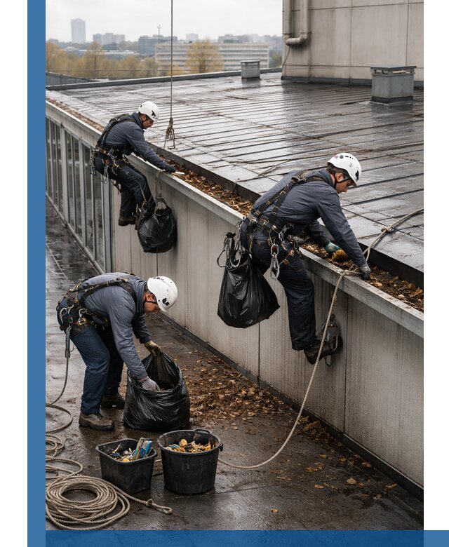 Очистка кровли по периметру в Ленинске-Кузнецком силами промышленных альпинистов