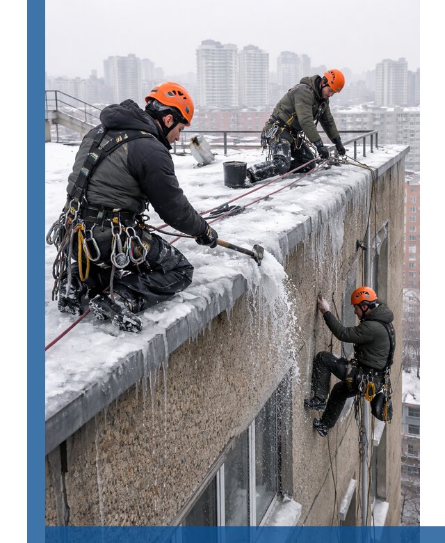 Удаление наледи с кровли в Ленинске-Кузнецком промышленными альпинистами