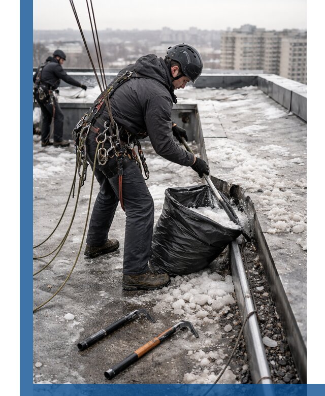 Аварийная очистка кровли в Ленинске-Кузнецком от промальпинистов