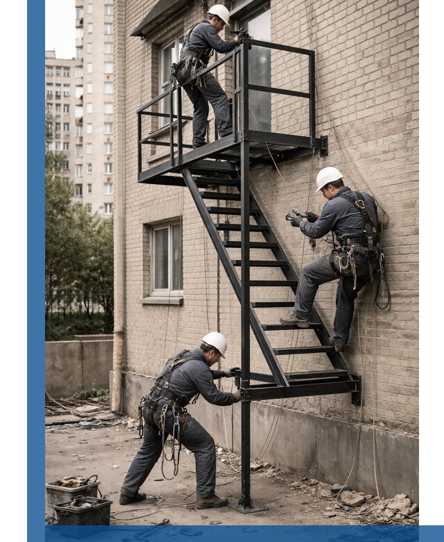 Монтаж пожарной лестницы в Ленинске-Кузнецком, установка и крепление