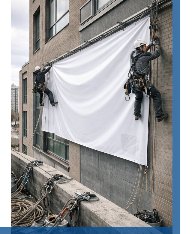 Монтаж баннеров на фасаде в Ленинске-Кузнецком от 664 р. заказать ВЫСОТНИК-Лнн