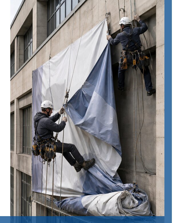 Демонтаж баннеров с фасада в Ленинске-Кузнецком от 4599 р. | ВЫСОТНИК-Лнн