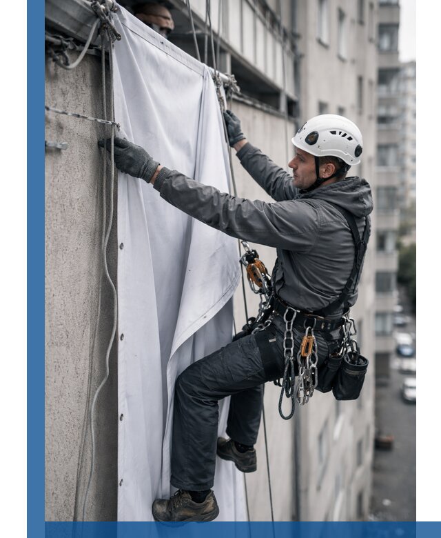Замена баннерного полотна промышленными альпинистами в Ленинске-Кузнецком