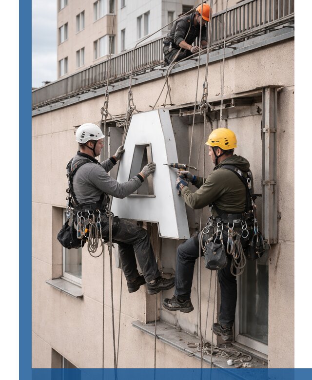 Ремонт и восстановление наружных вывесок на высоте в Ленинске-Кузнецком