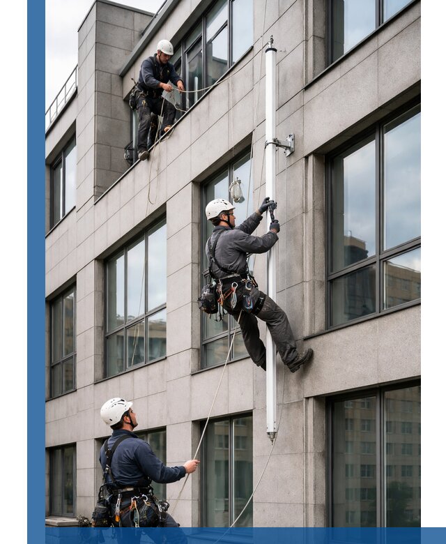 Монтаж флагштока на фасаде здания с креплением и герметикой в Ленинске-Кузнецком