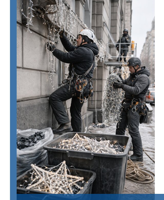 Демонтаж новогоднего оформления и гирлянд в Ленинске-Кузнецком