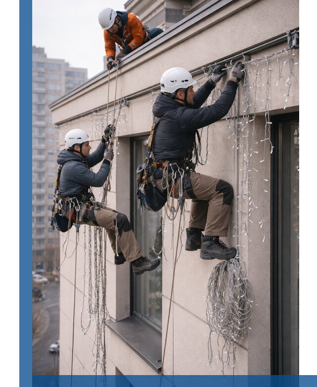 Монтаж праздничных гирлянд на фасаде в Ленинске-Кузнецком для зданий