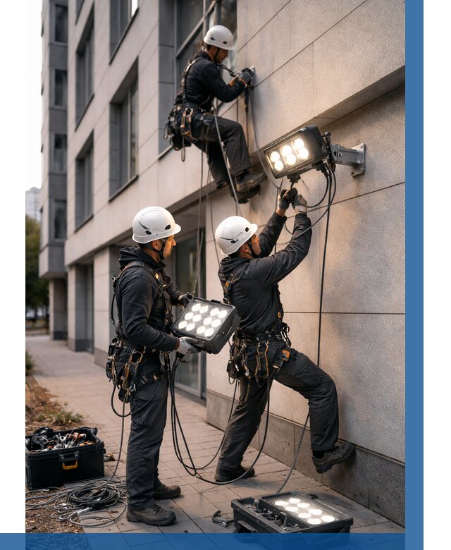 Монтаж прожекторов на фасаде в Ленинске-Кузнецком от 7666 р. | ВЫСОТНИК-Лнн
