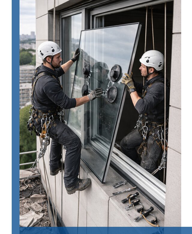 Замена стеклопакетов на высоте с промышленными альпинистами в Ленинске-Кузнецком