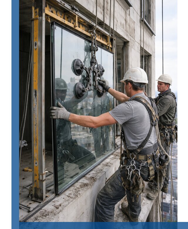 Монтаж стеклопакетов на высоте в Ленинске-Кузнецком с промышленным альпинизмом