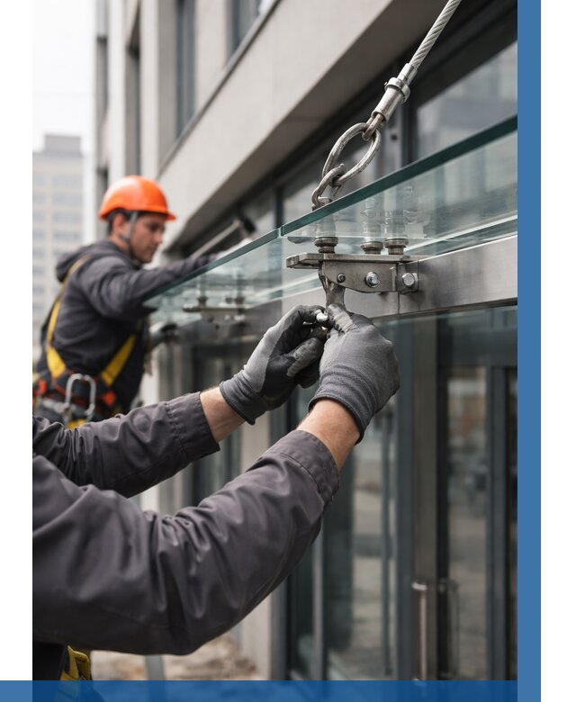 Монтаж стеклянных козырьков в Ленинске-Кузнецком от 8688 р. | ВЫСОТНИК-Лнн