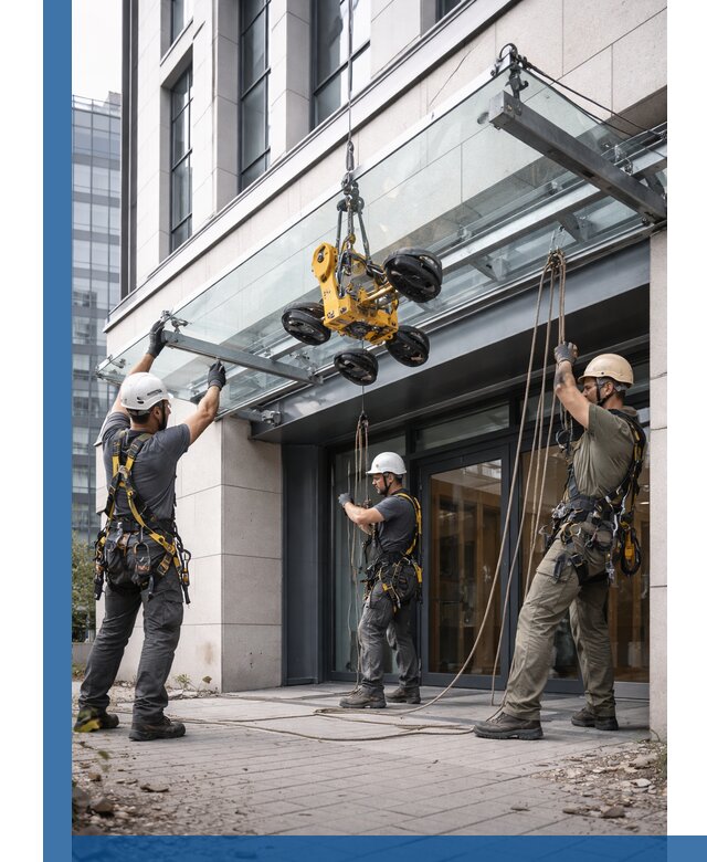 Монтаж стеклянных козырьков под ключ в Ленинске-Кузнецком для зданий