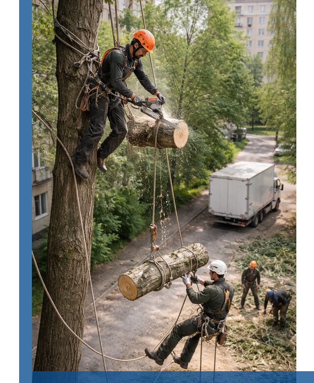Спил деревьев альпинистами в Ленинске-Кузнецком, безопасно и без повреждений
