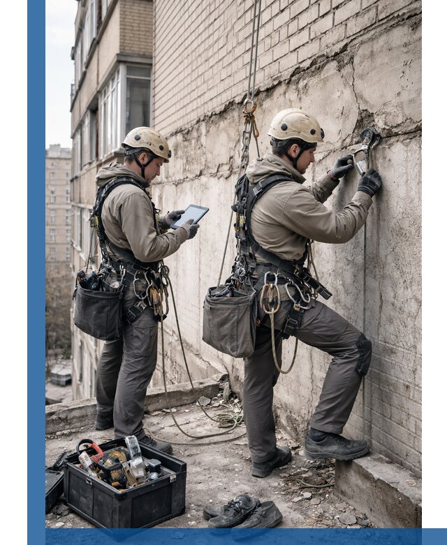 Обследование фасада промышленными альпинистами в Ленинске-Кузнецком